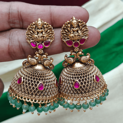 Ruby Lakshmi Jadau Jumkha (Green beads)