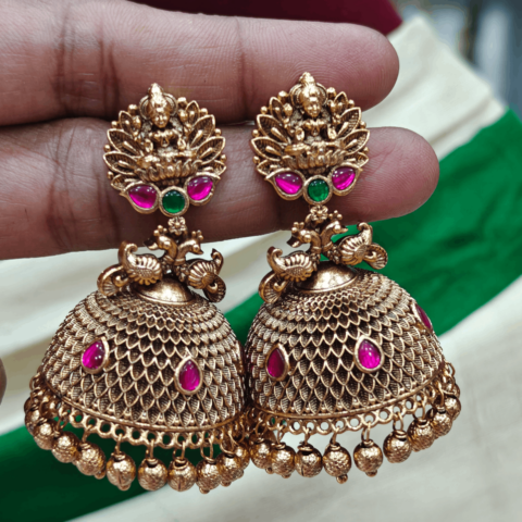 Ruby green Lakshmi Jadau Jumkha (Antique beads)