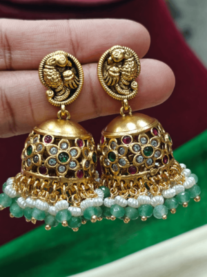 Beaded jhumka in peacock