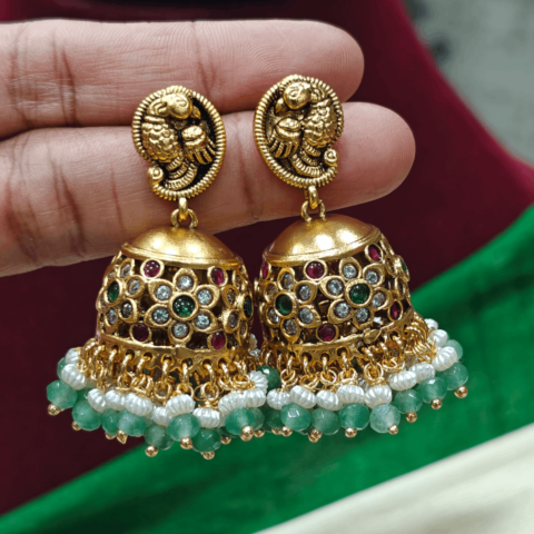 Beaded jhumka in peacock