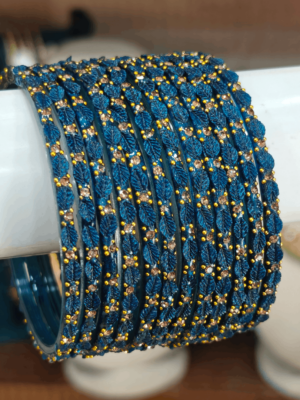 Peacock blue leaf cut glass bangles