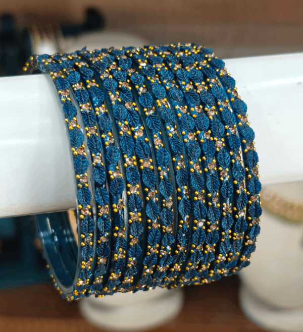 Peacock blue leaf cut glass bangles