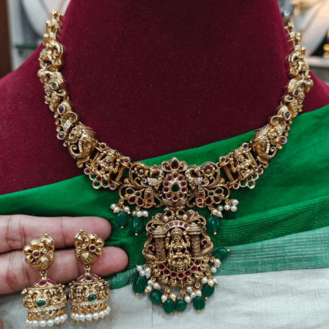 Antique lakshmi necklace with green beads