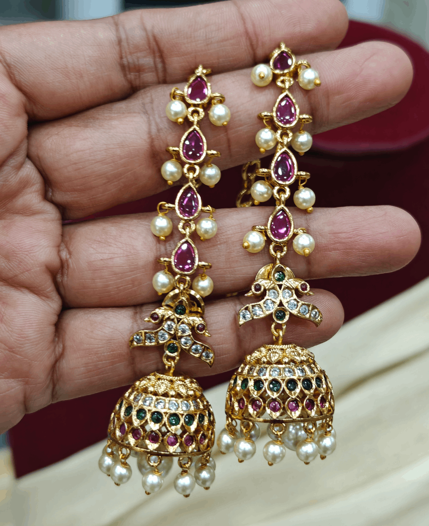 Chain Set Combo Peacock jhumka with pearl ear chain - Harshianbu Jewellery